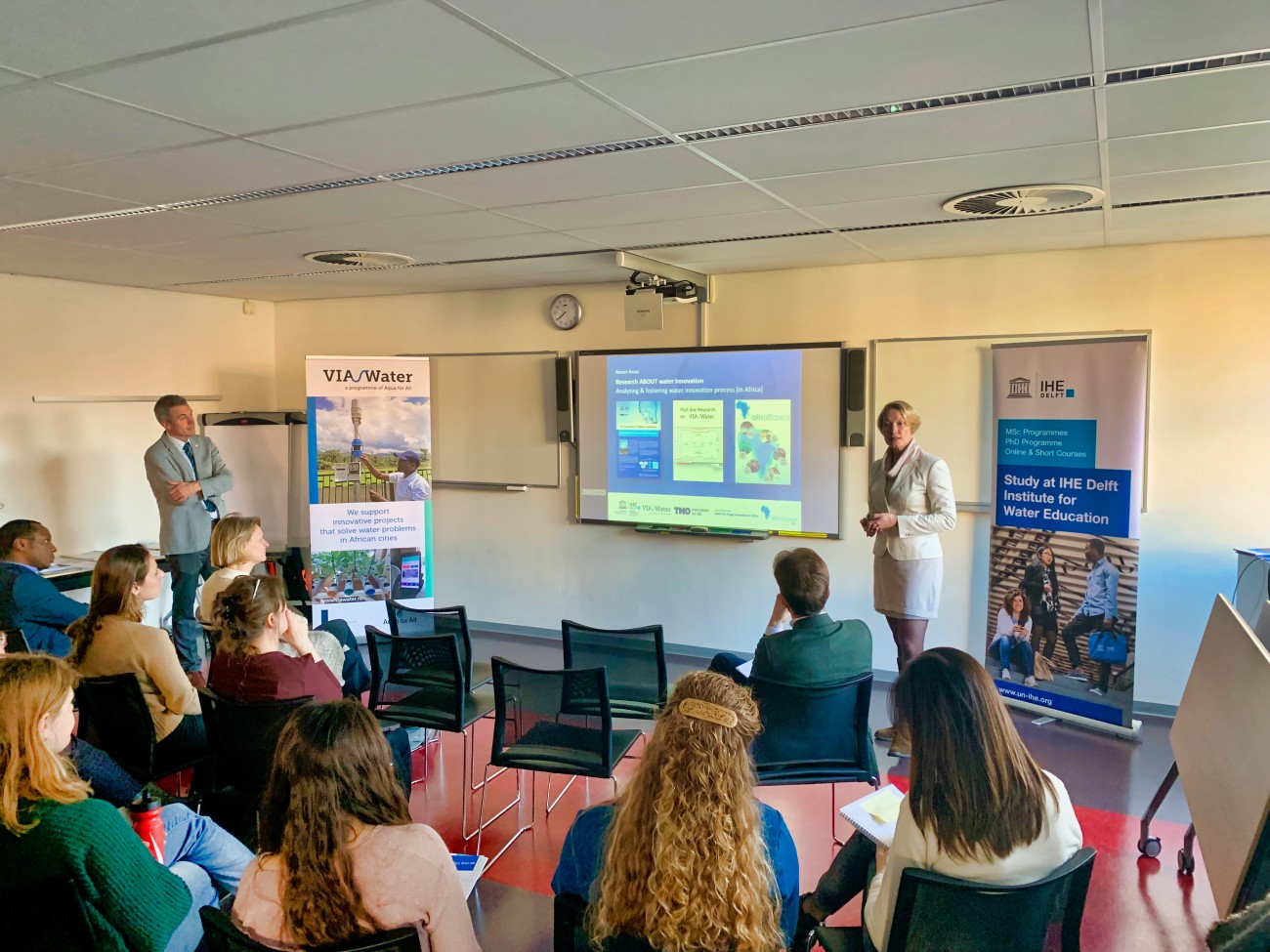 Professor Eddy Moors and Dr Uta Wehn giving an introduction to the Workshop on Water Innovation in Africa at IHE Delft